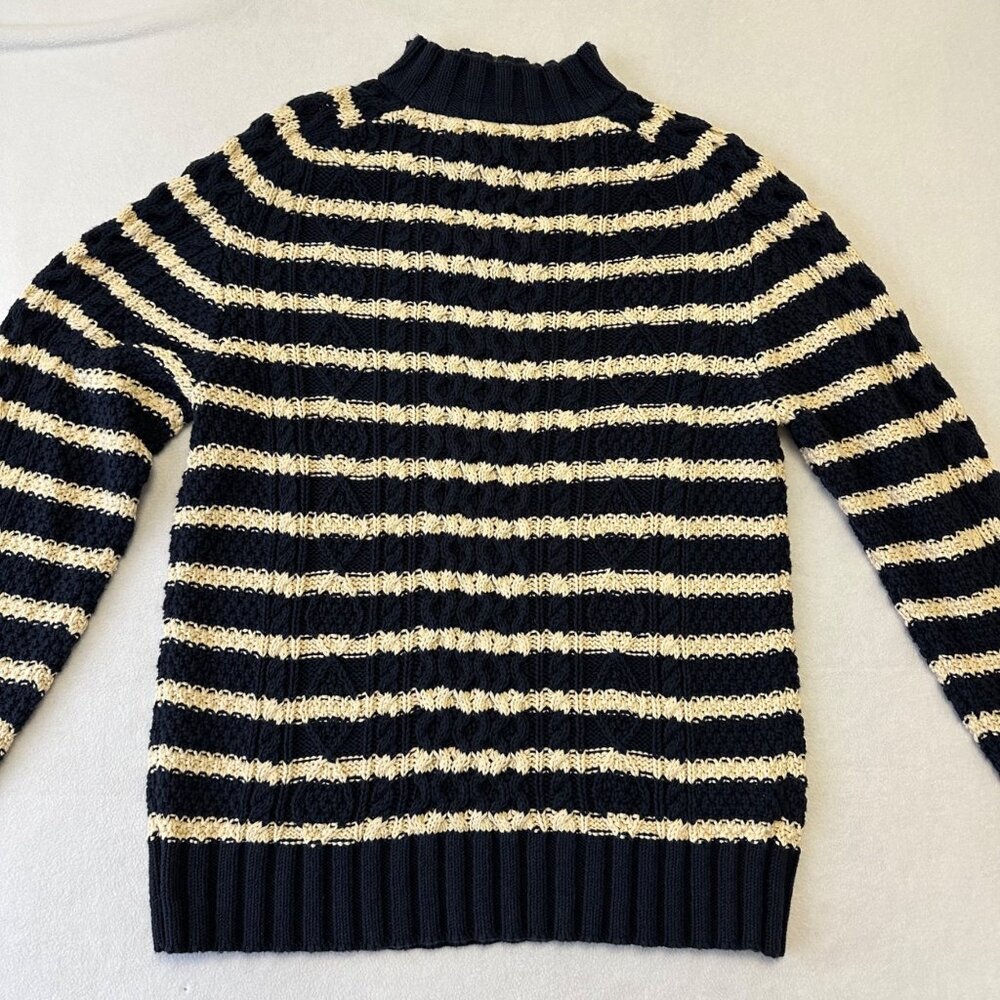 LL Bean Mens Cotton Striped Cable Knit Fisherman Sweater Quarter Zip Size Large - Picture 4 of 13